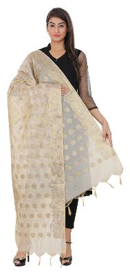

Devam Women s WHITE GOLD Color Ethically Hand Crafted Designer Woven Dupatta With Zari