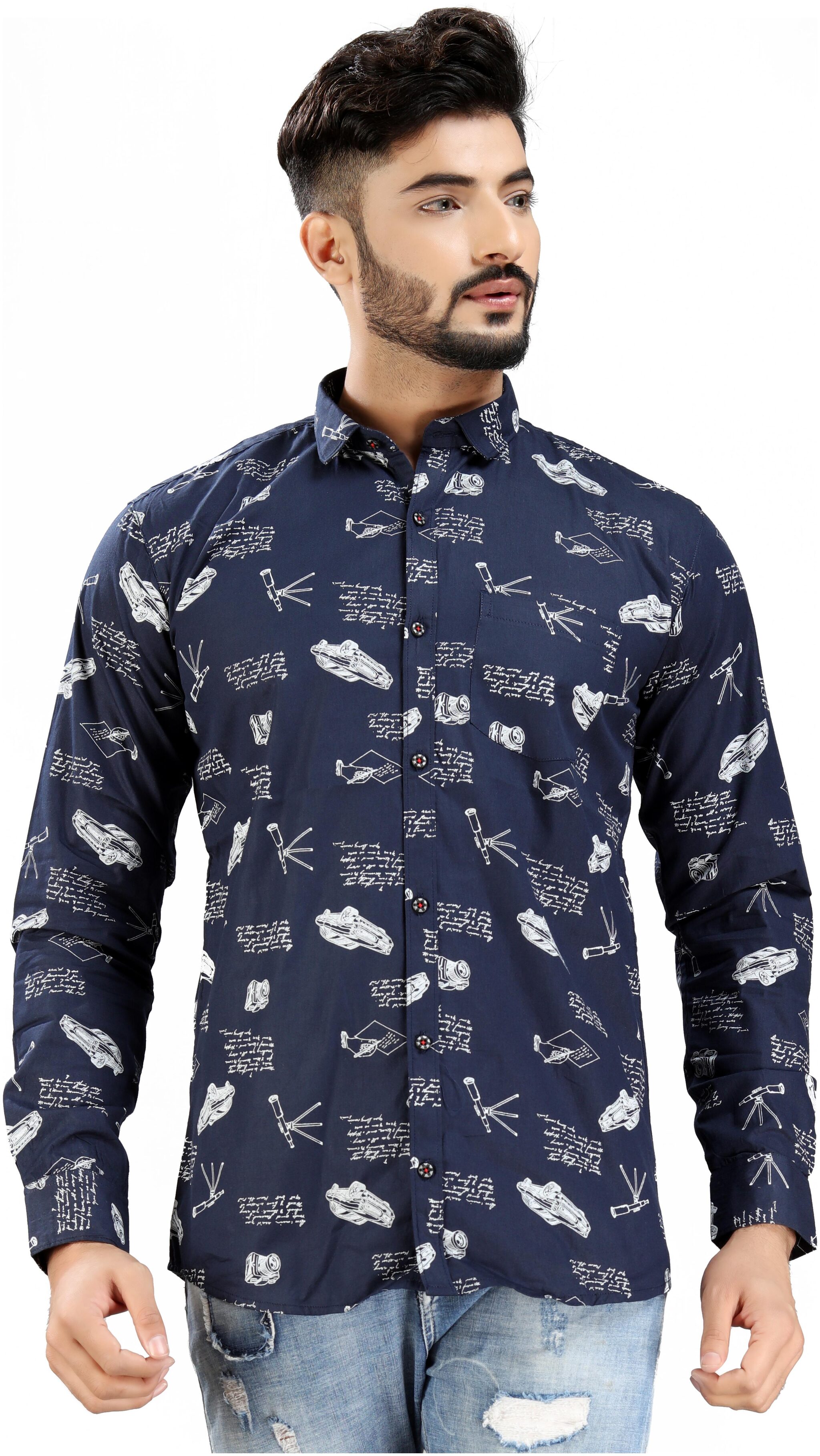 

DEZANO Men Navy Blue Printed Slim Fit Casual Shirt
