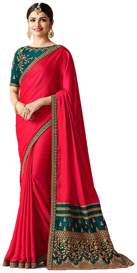 

Dhandai Fashion Pink Color Bollywood Style Ethnic Wear Party Wear Casual Wear Wedding Mix Match Embroidered Contrast Bordered Silk Printed Free Size Designer Saree With Blouse