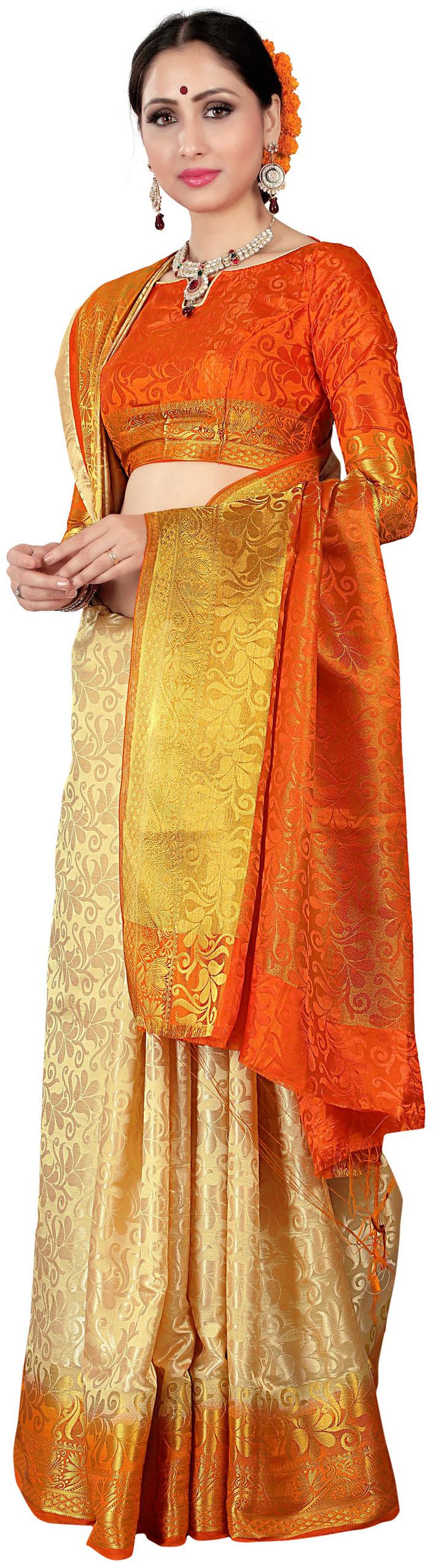 

Dhandai Fashion Nylon Blend Woven Orange Saree For Women