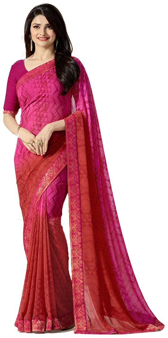 

Dhandai Fashion Pink Color Bollywood Style Ethnic Wear Party Wear Casual Wear Wedding Mix Match Lace Work Contrast Bordered Georgette Printed Free Size Designer Saree With Blouse