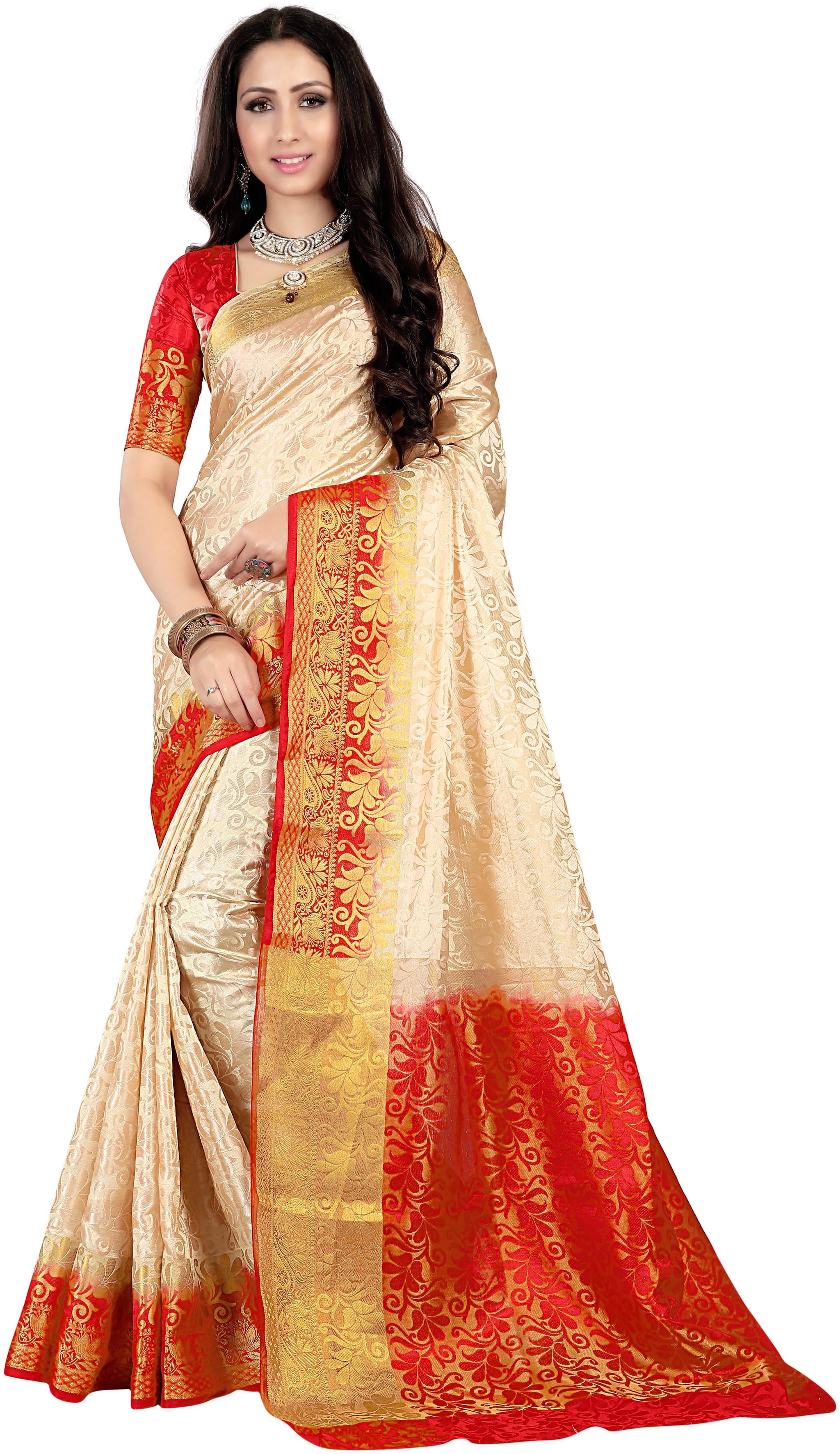 

Dhandai Fashion Red Silk Printed Zari Work jacquard design Party Wear Designer Saree With Blouse Piece