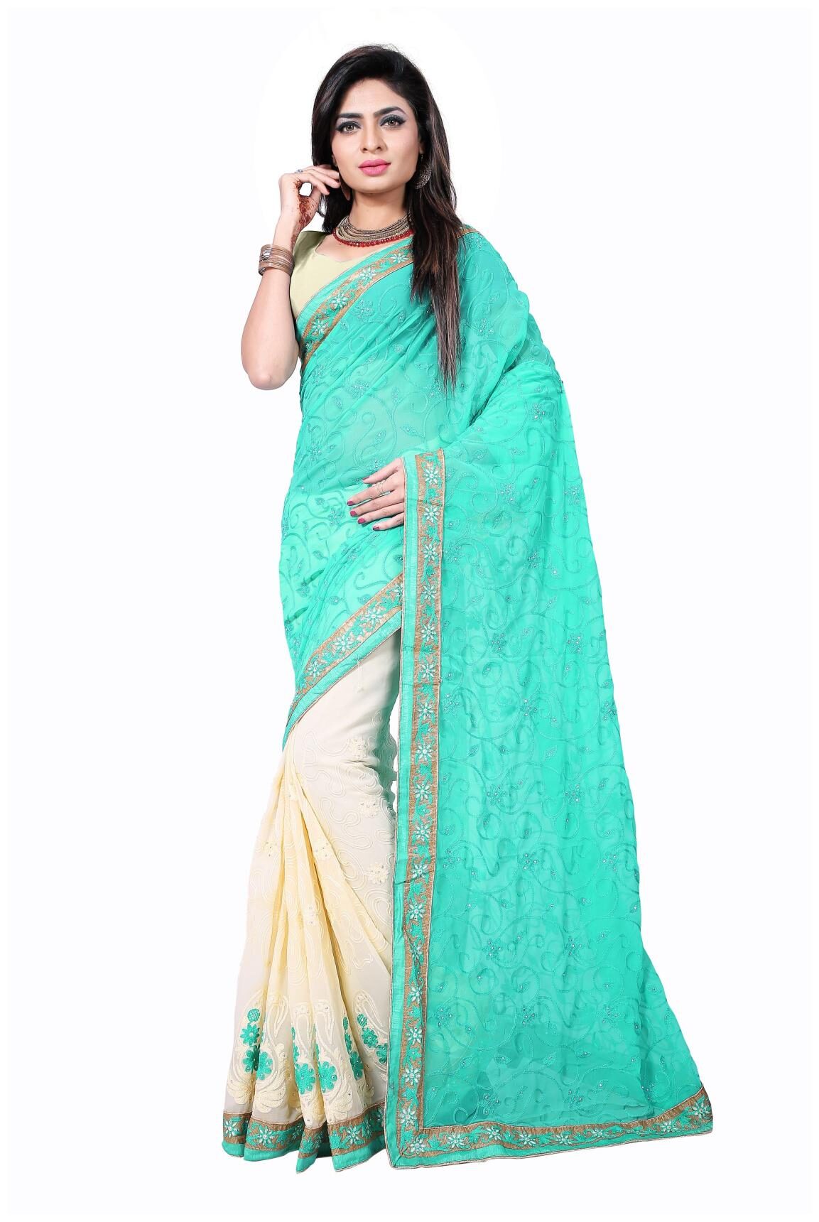 

Dhandai Fashion Women Georgette Embroidered Saree Turquoise