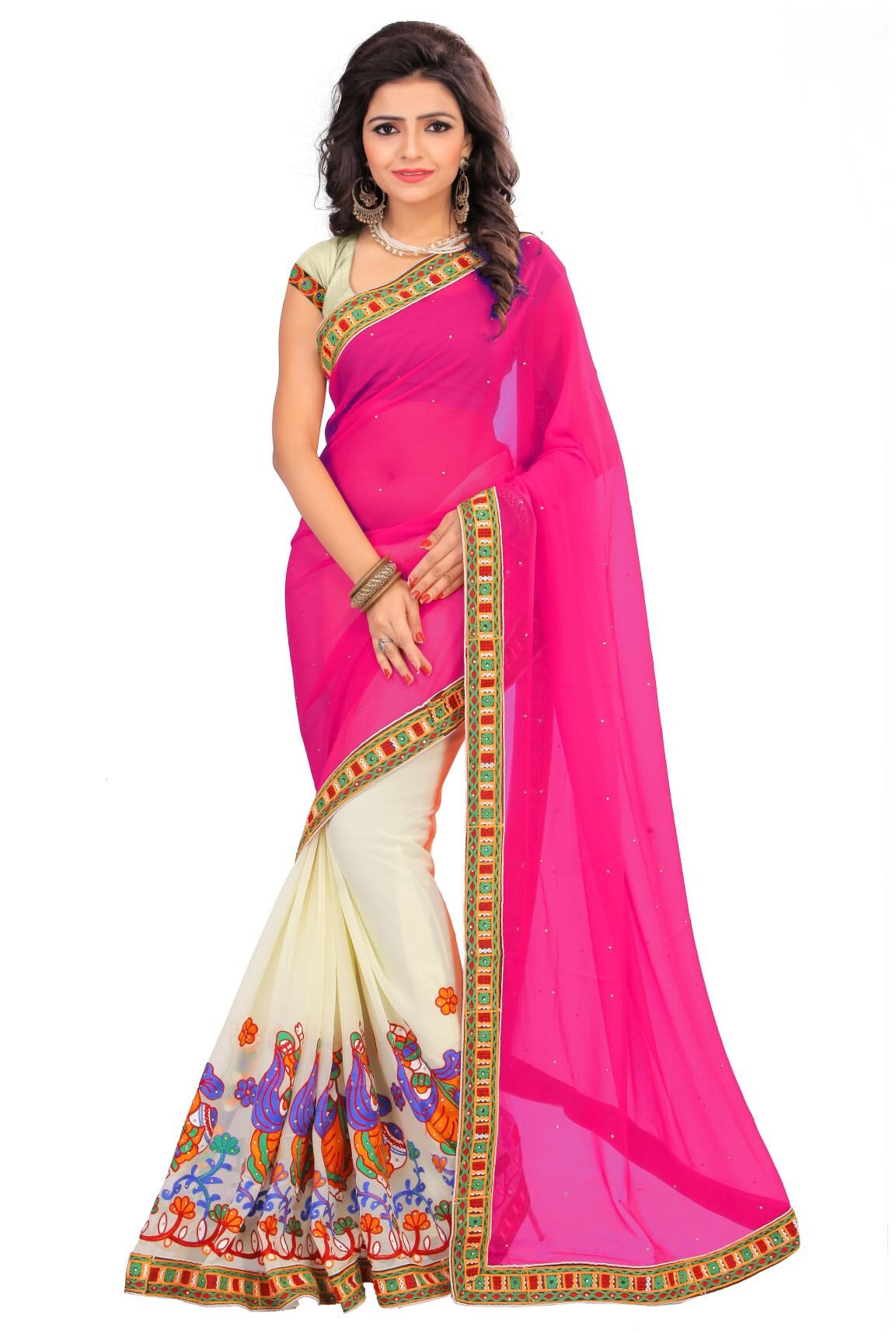 

Dhandai Fashion Women Georgette Embroidered Saree Pink