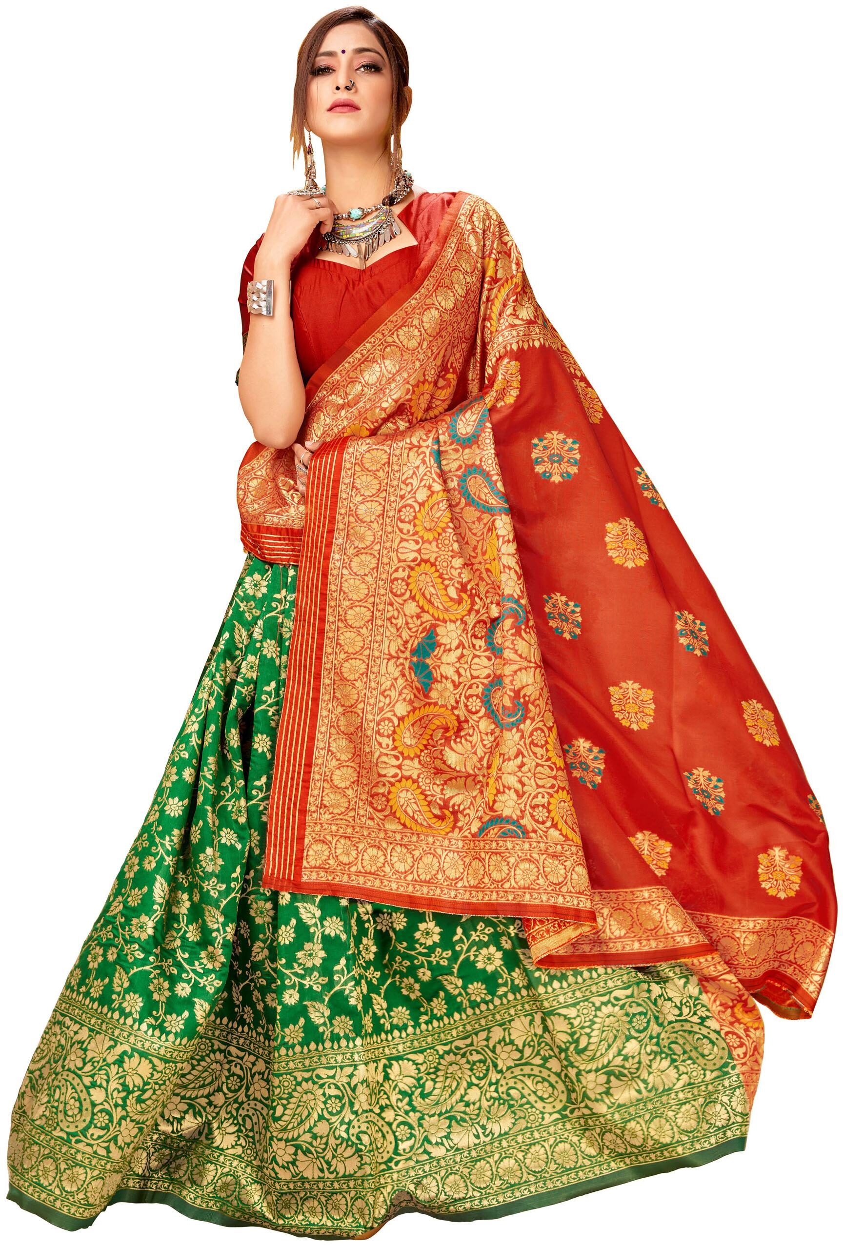 

Dhandai Fashion Polycotton Woven Red Green Saree For Women