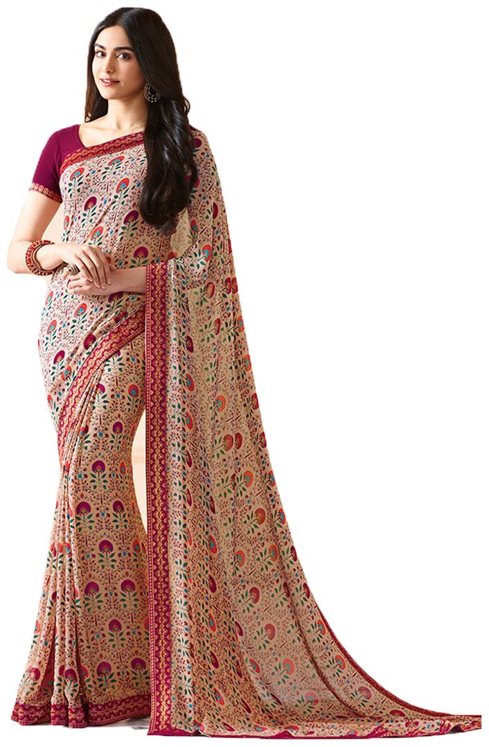 

Dhandai Fashion Red Color Bollywood Style Ethnic Wear Party Wear Casual Wear Wedding Mix Match Lace Work Contrast Bordered Georgette Printed Free Size Designer Saree With Blouse