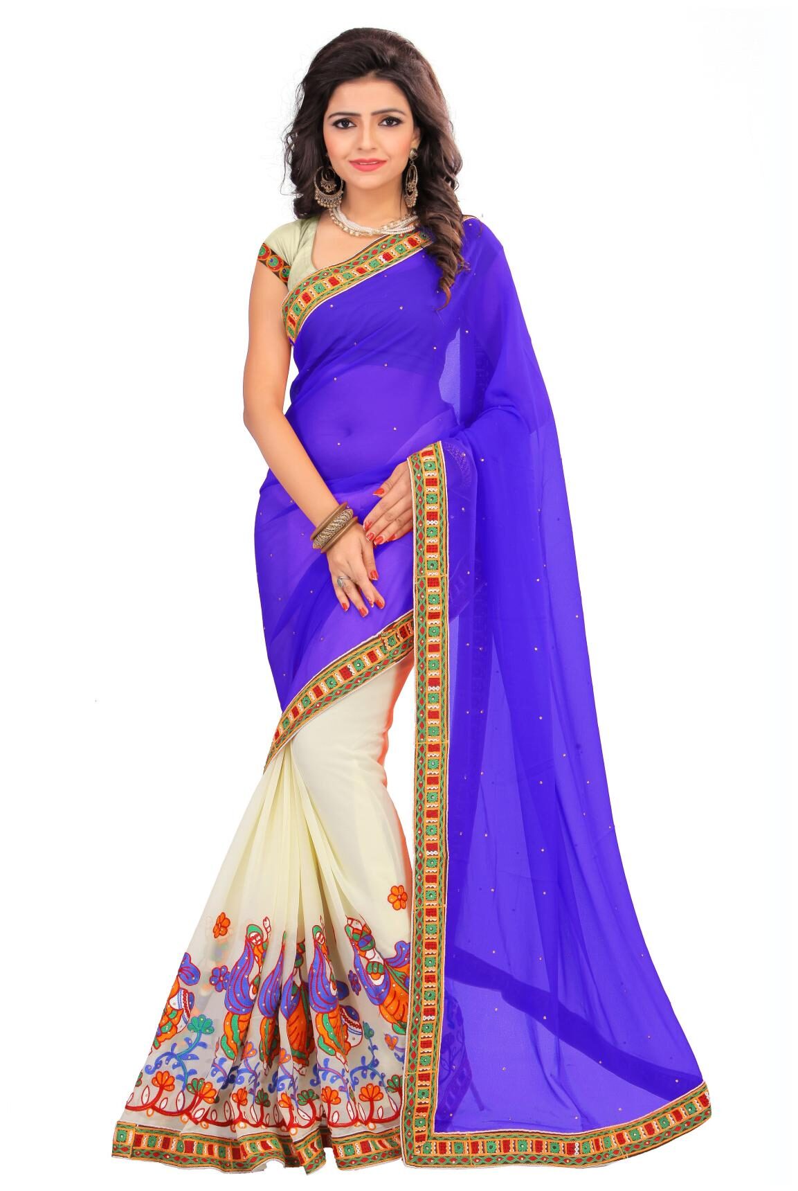 

Dhandai Fashion Women Georgette Printed Blue White Designer Saree With Blouse