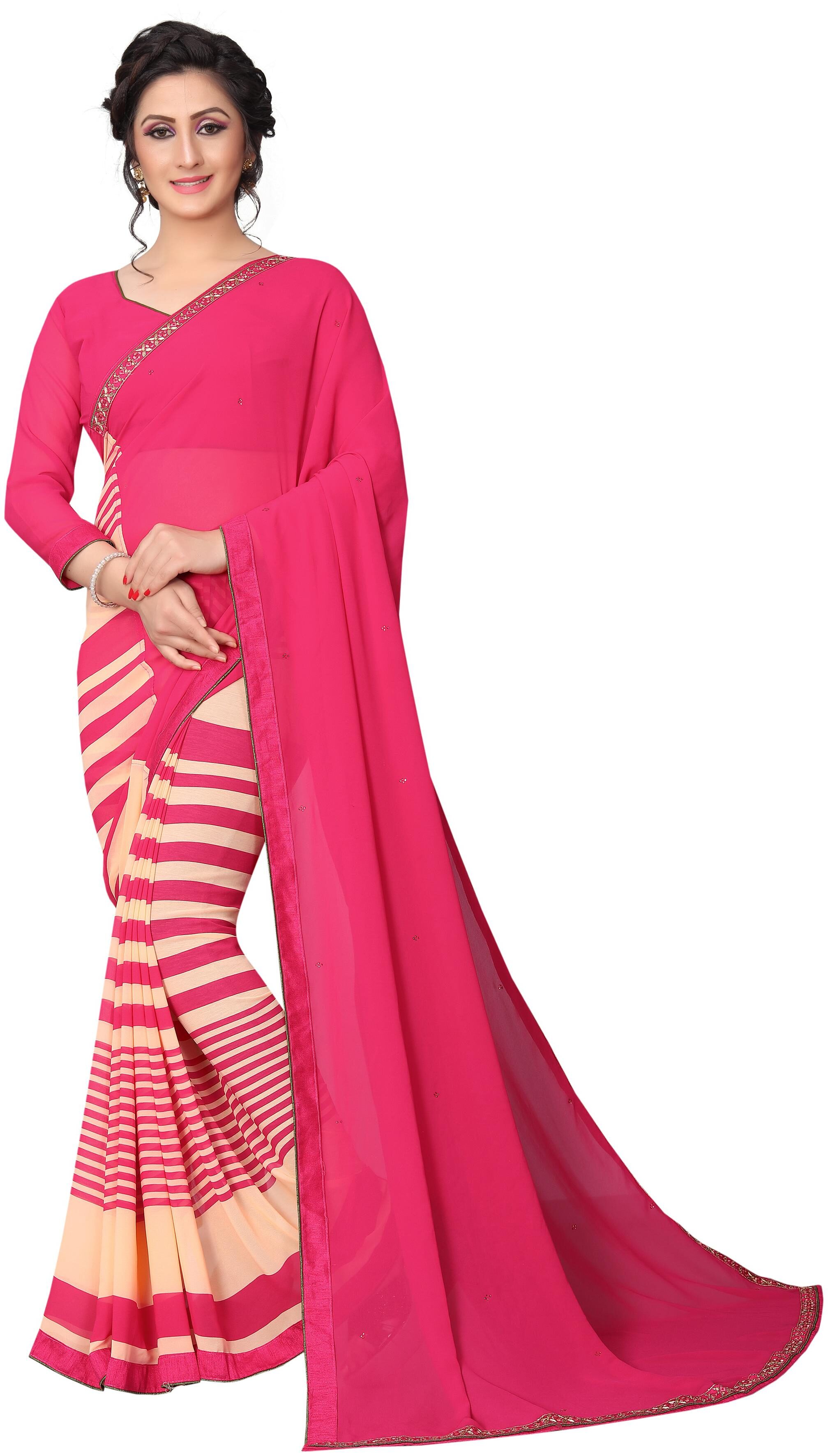 

Dhandai Fashion Georgette Pink Striped Half Half Designer Saree