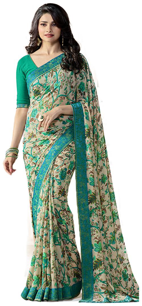 

Dhandai Fashion Green Color Bollywood Style Ethnic Wear Party Wear Casual Wear Wedding Mix Match Lace Work Contrast Bordered Georgette Printed Free Size Designer Saree With Blouse
