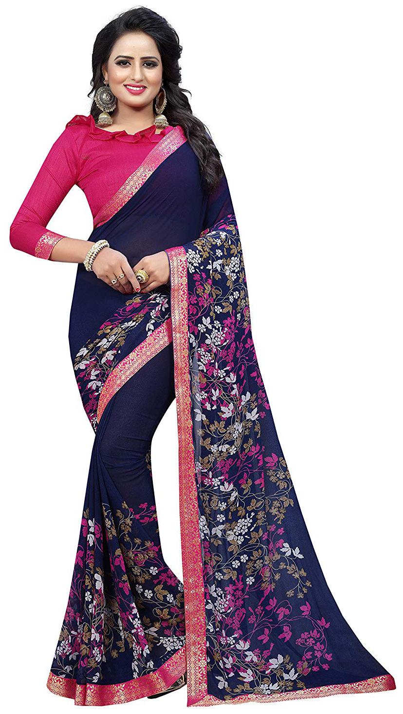

Dhandai Fashion Women Georgette Floral Blue Regular Saree With Blouse