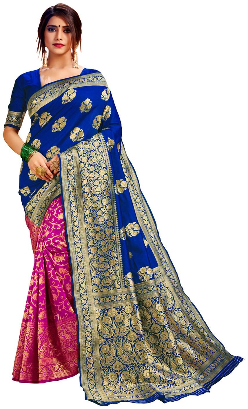 

Dhandai Fashion Women Polycotton Woven Saree Blue Pink