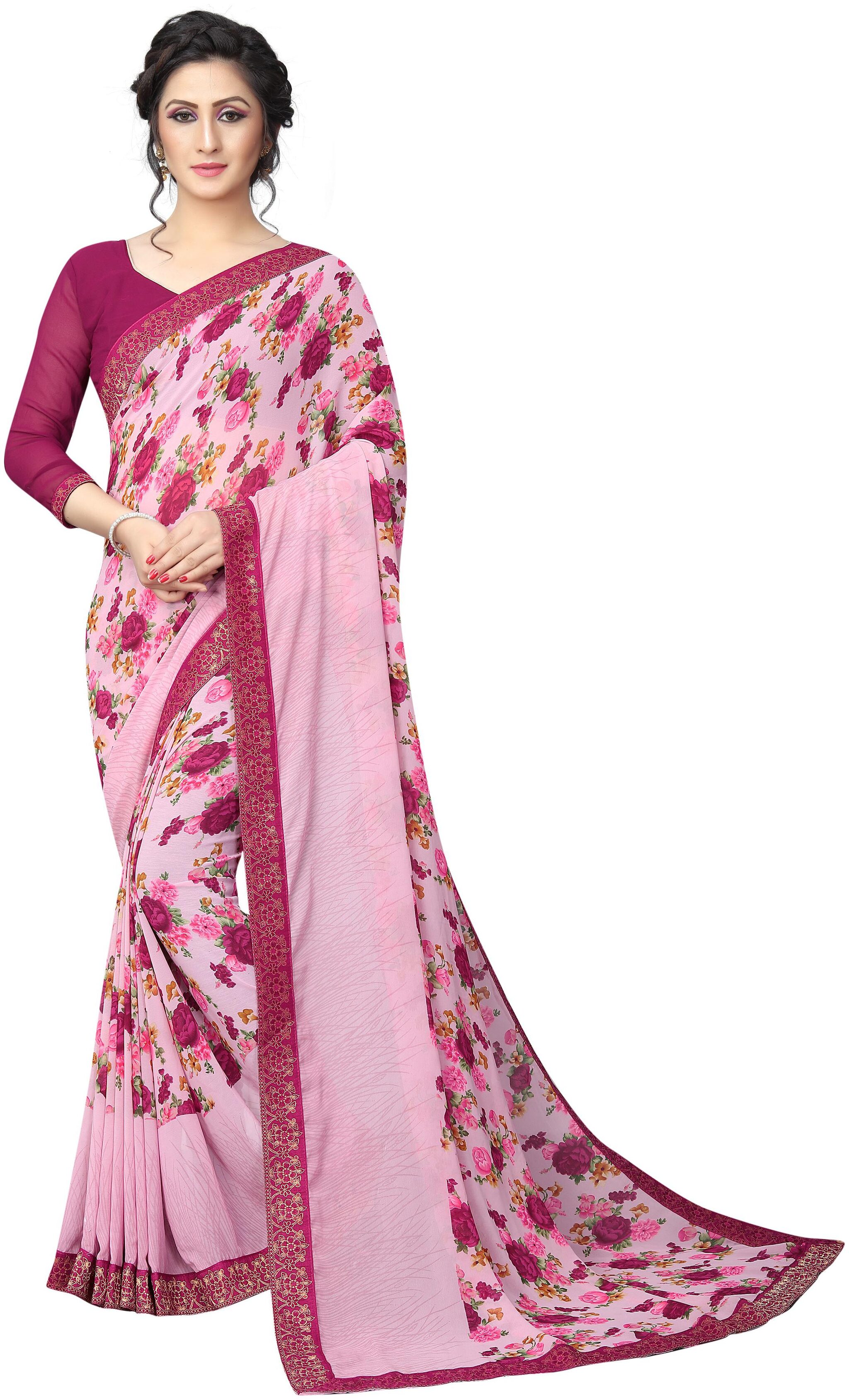

Dhandai Fashion Georgette Pink Floral Designer Saree