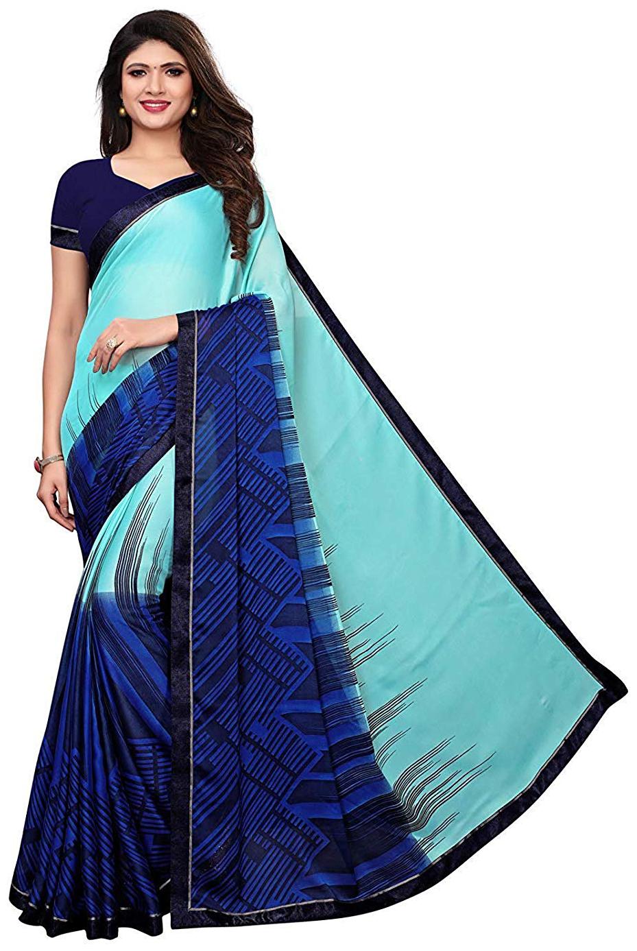 

Dhandai Fashion Women Silk Geometric Turquoise Blue Regular Saree With Blouse