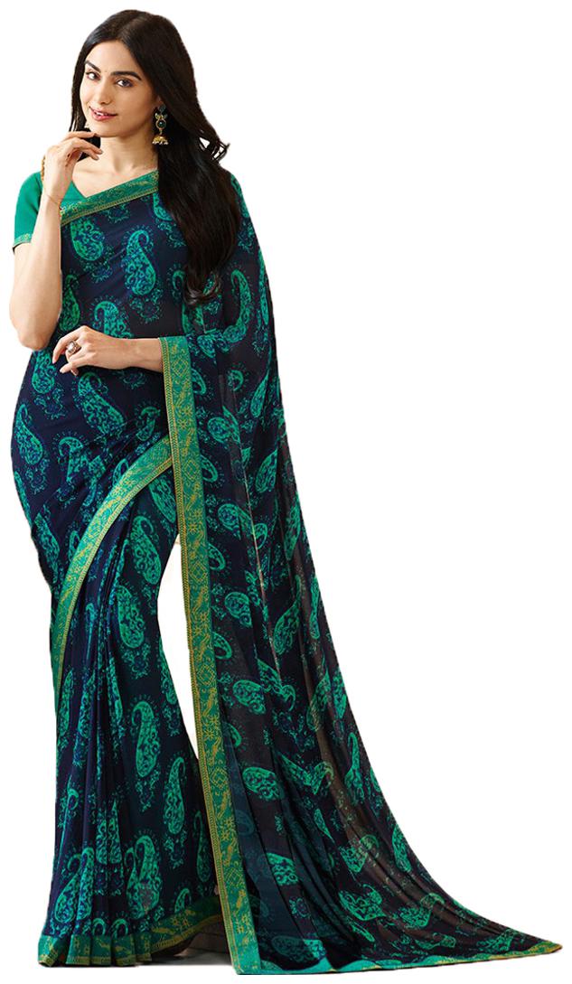 

Dhandai Fashion Blue Color Bollywood Style Ethnic Wear Party Wear Casual Wear Wedding Mix Match Lace Work Contrast Bordered Georgette Printed Free Size Designer Saree With Blouse