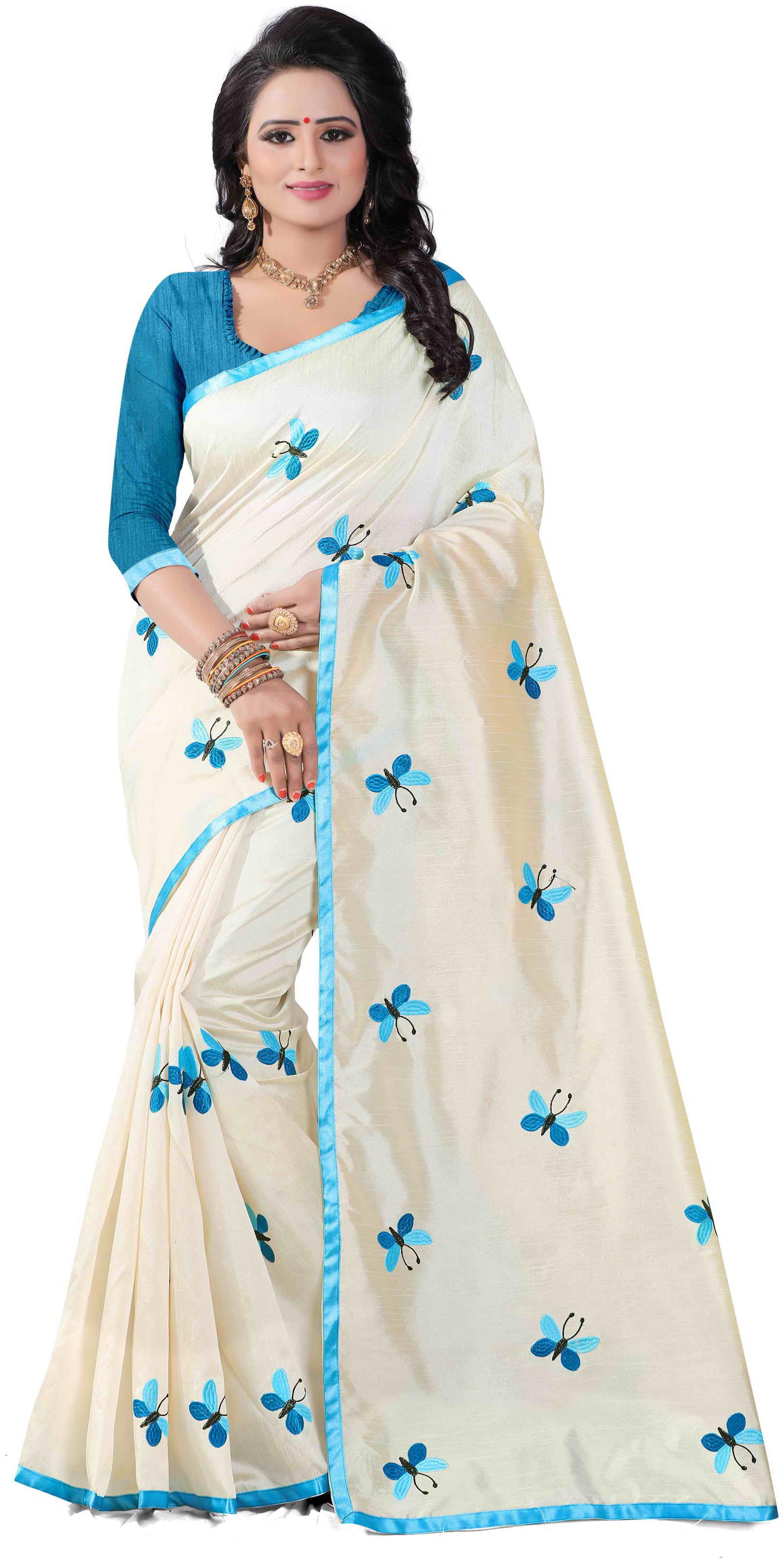 

Dhandai Fashion Turquoise Cotton Silk Embroidered Work Party Wear Designer Saree With Blouse Piece