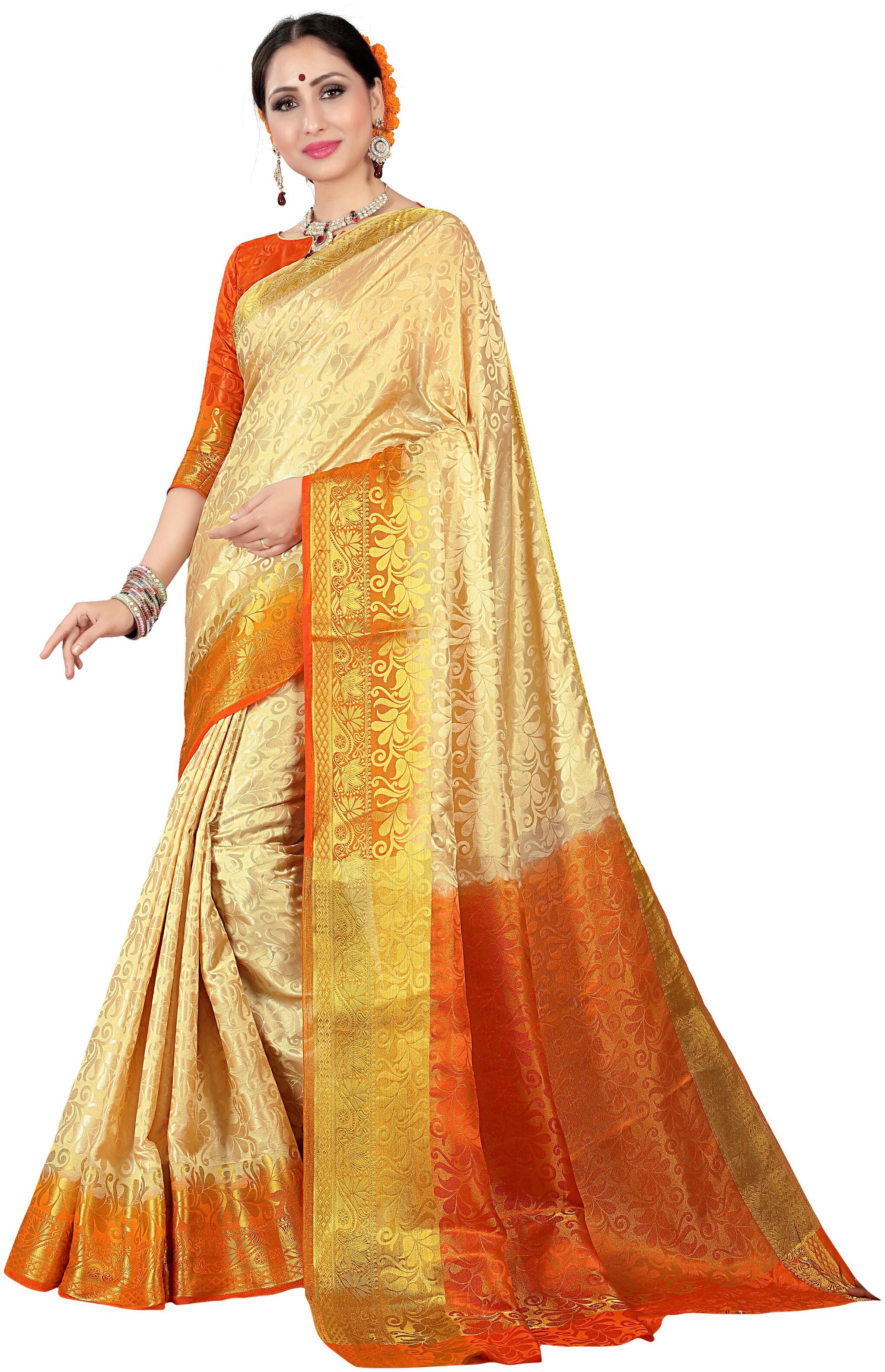

Dhandai Fashion Women Silk Orange Beige Saree With Blouse