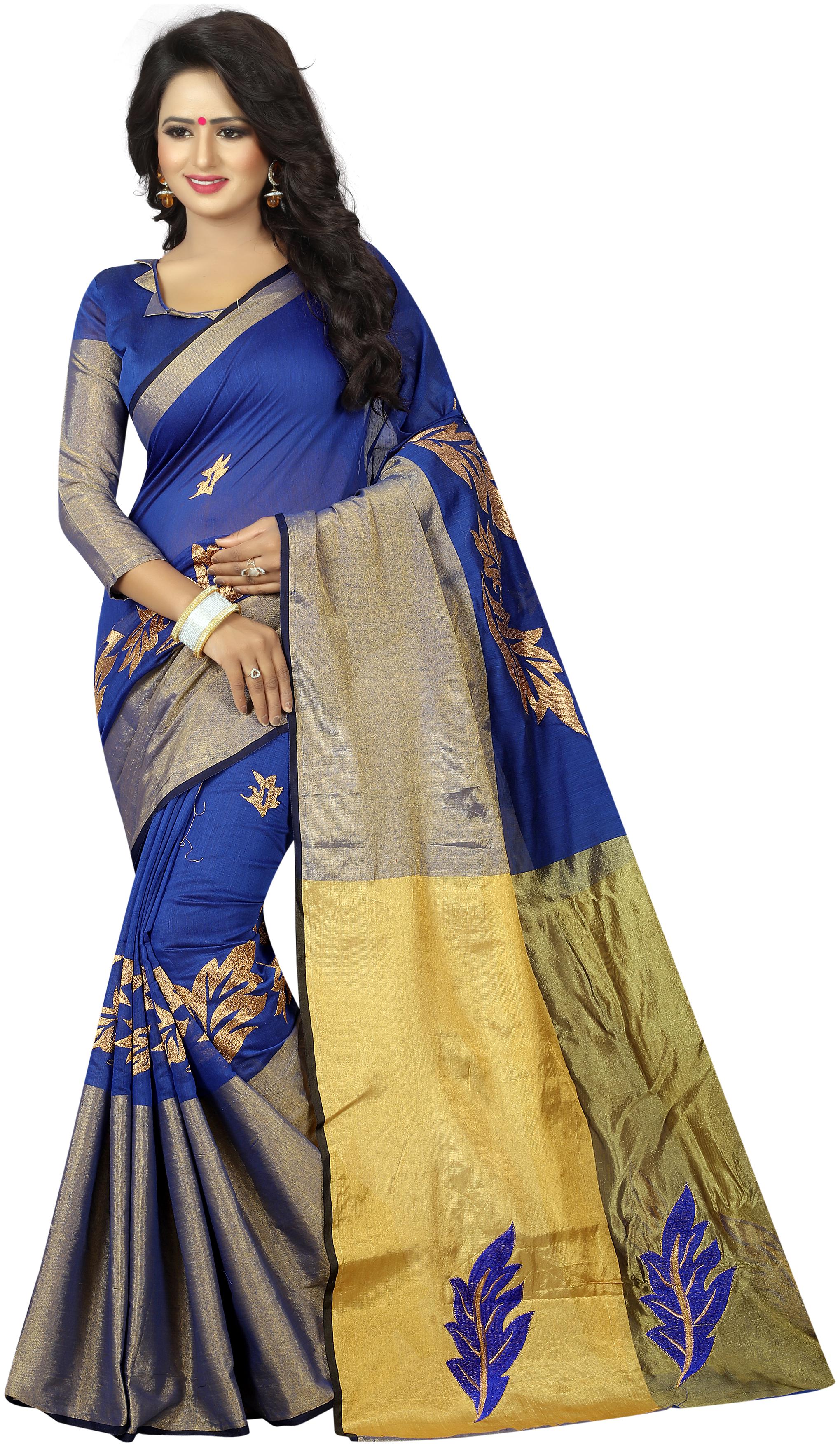 

Dhandai Fashion Blue Cotton Silk Embroidered Work Party Wear Designer Saree With Blouse Piece