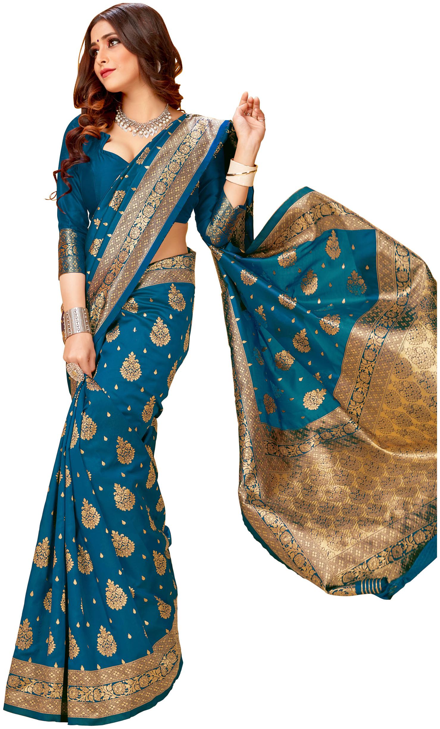 

Dhandai Fashion Silk Woven Turquoise Saree For Women