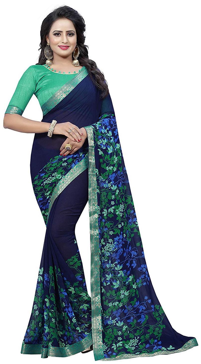 

Dhandai Fashion Women Georgette Floral Blue Regular Saree With Blouse