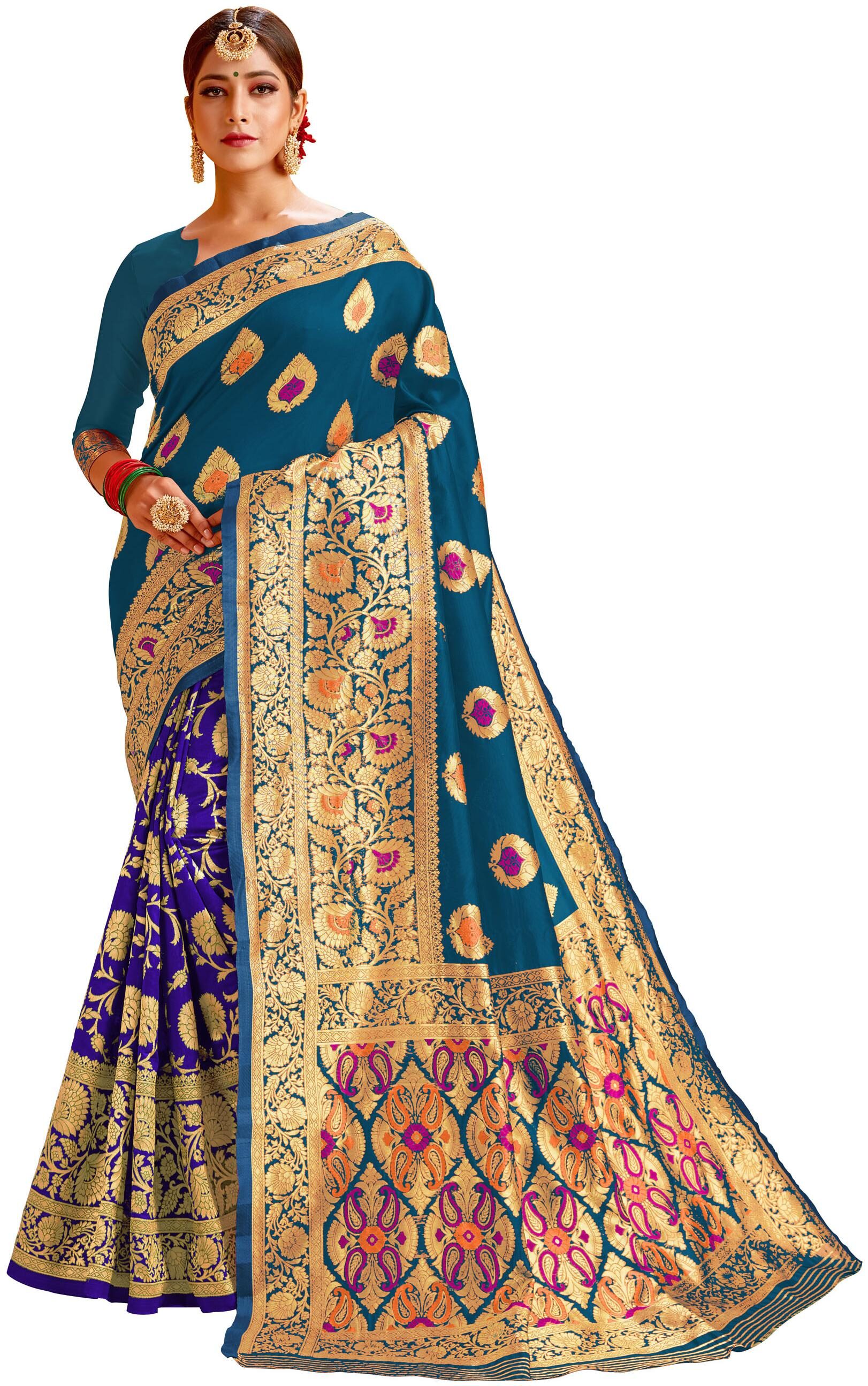 

Dhandai Fashion Women Cotton Blend Woven Saree Turquoise Blue
