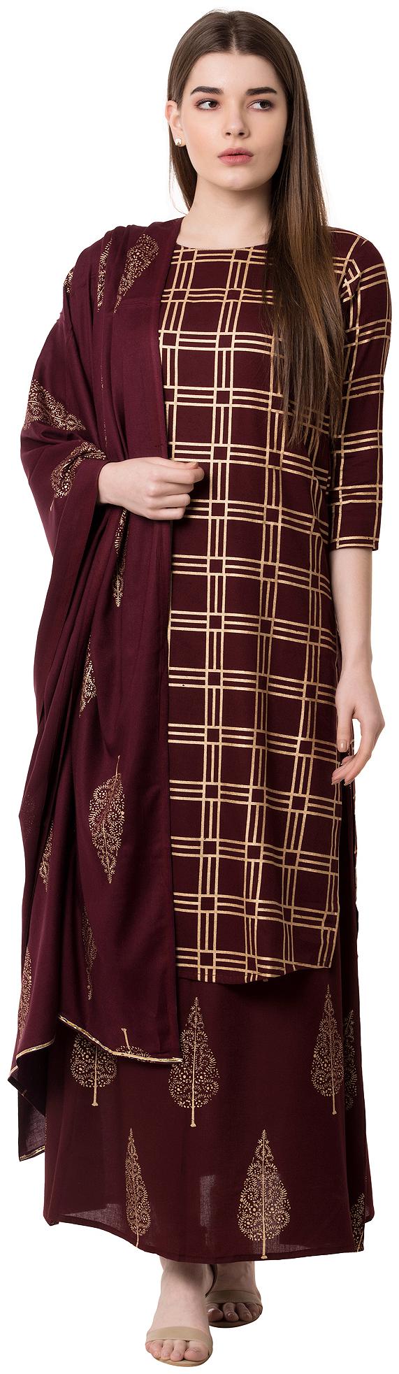 

DHANUKI Women Brown Printed Straight Kurta With Palazzo And Dupatta