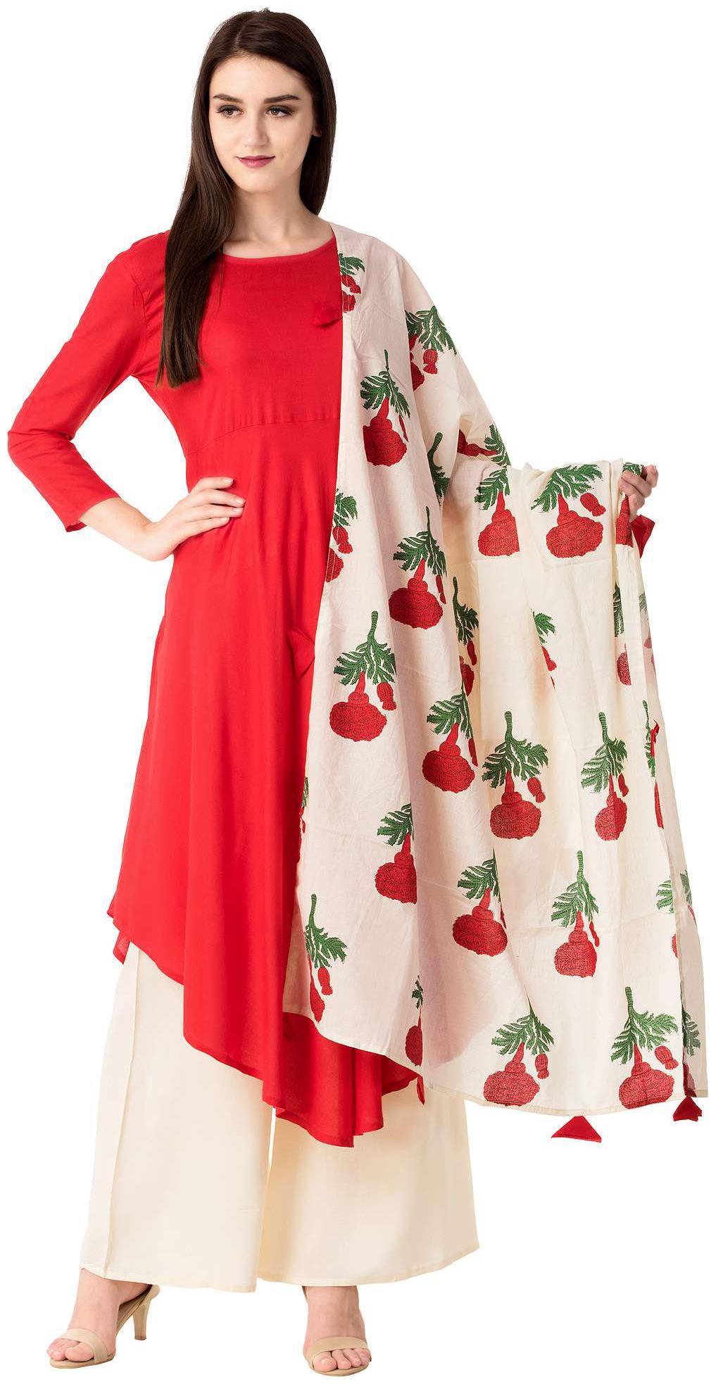 

Dhanuki Casual Red 3 4 Sleeves Asymmetrical Solid Kurta with Palazzo and Dupatta for Women
