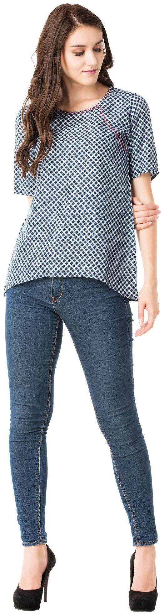 

Dhanuki Casual Blue Short Sleeves Asymmetrical Checkered Top for Women