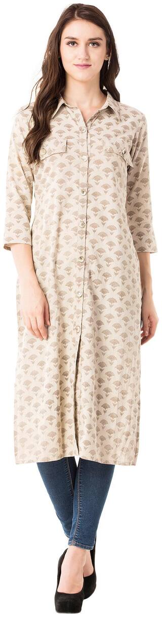 Dhanuki  Partywear  Beige Dabu Print 3/4 Sleeves  Straight Shirt Style Kurti for Women