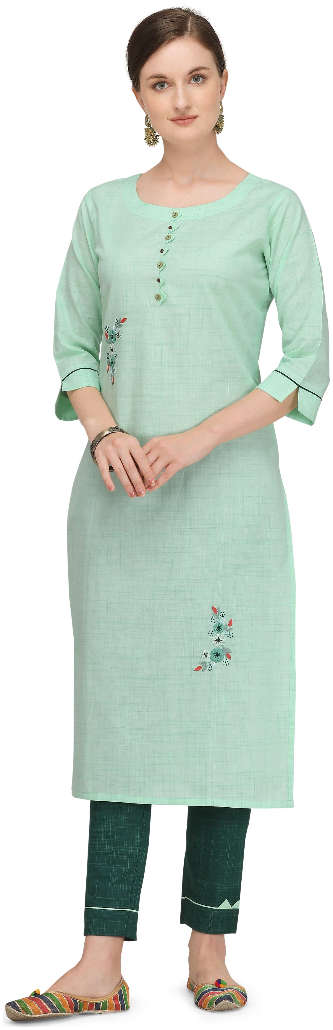 

DHUMKETU Women Green Embroidered Straight Kurti
