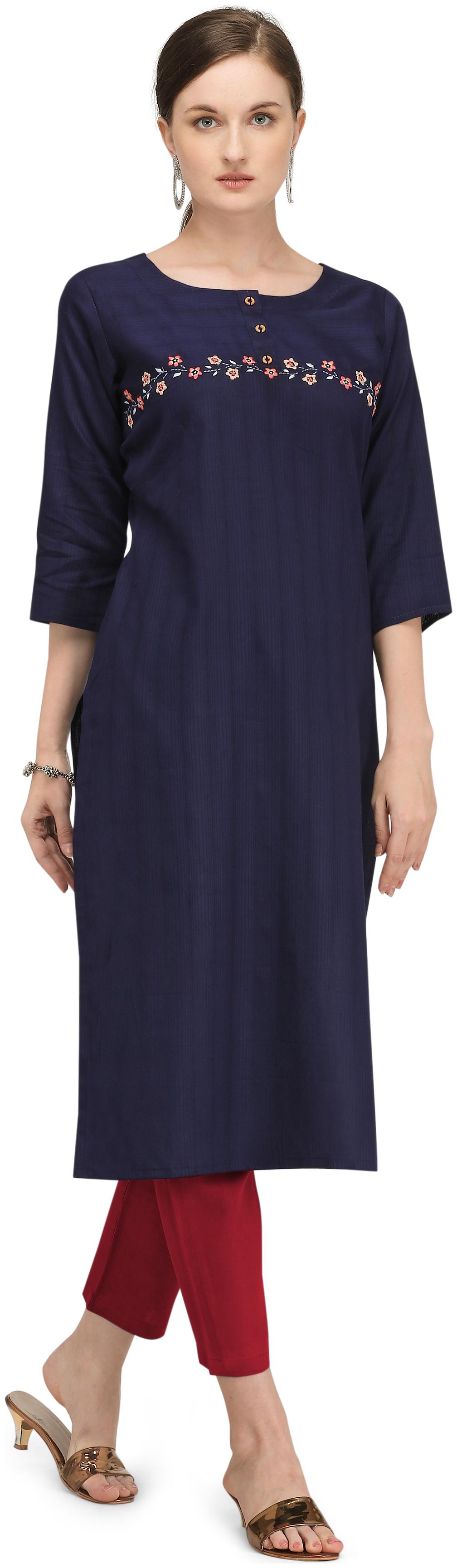 

DHUMKETU Women Navy Blue Embroidered Straight Kurti