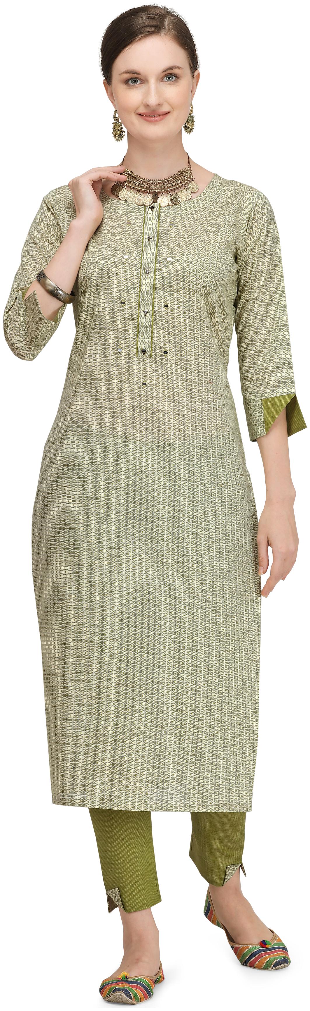 

DHUMKETU Women Green Geometric Straight Kurti With Pants