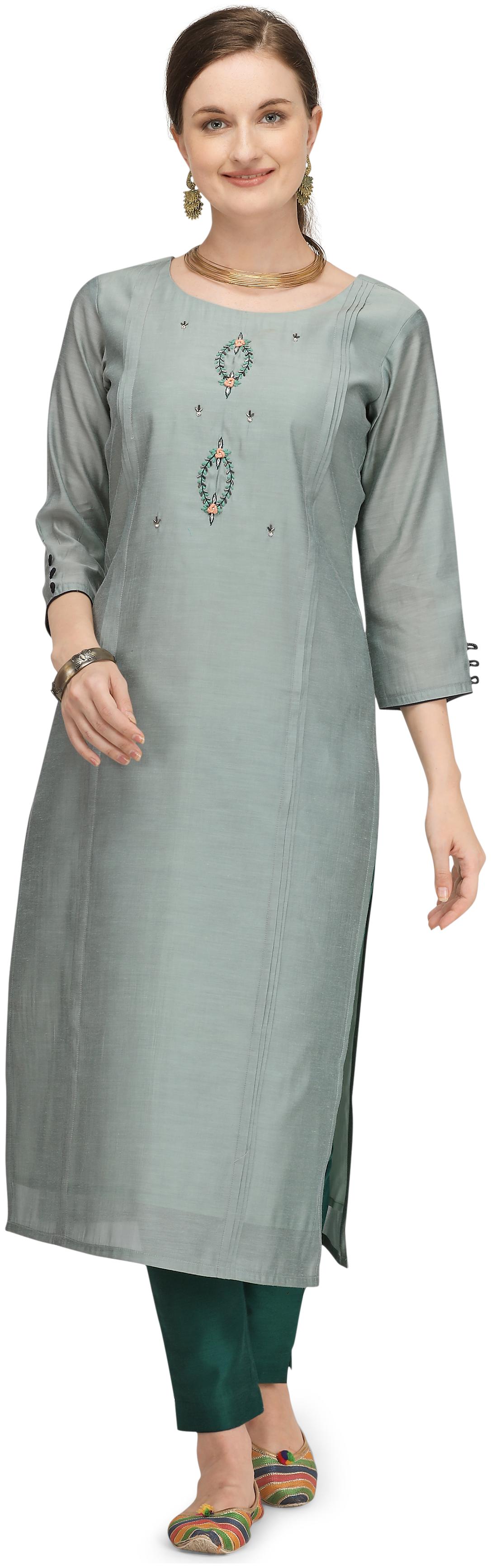 

Dhumketu Dupion Silk Embroidered Grey Kurti With Pants Women