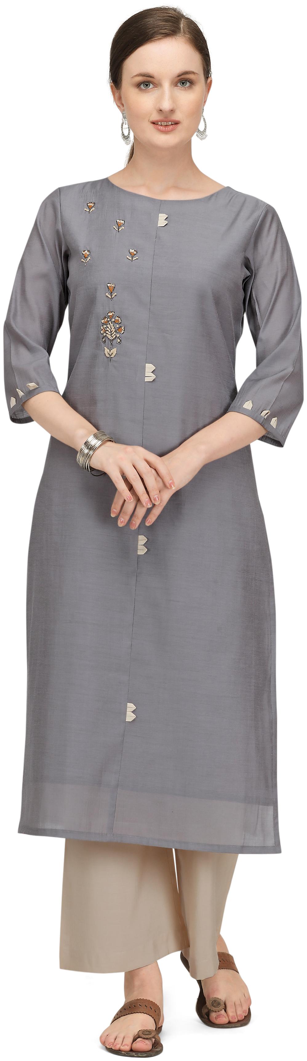 

Dhumketu Dupion Silk Embroidered Grey Cream Kurti With Pants Women