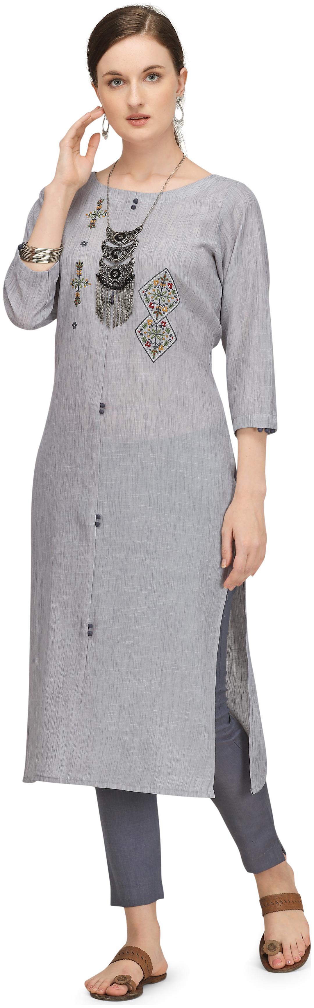 

Dhumketu Polyester Blend Embroidered Grey Kurti With Pants Women