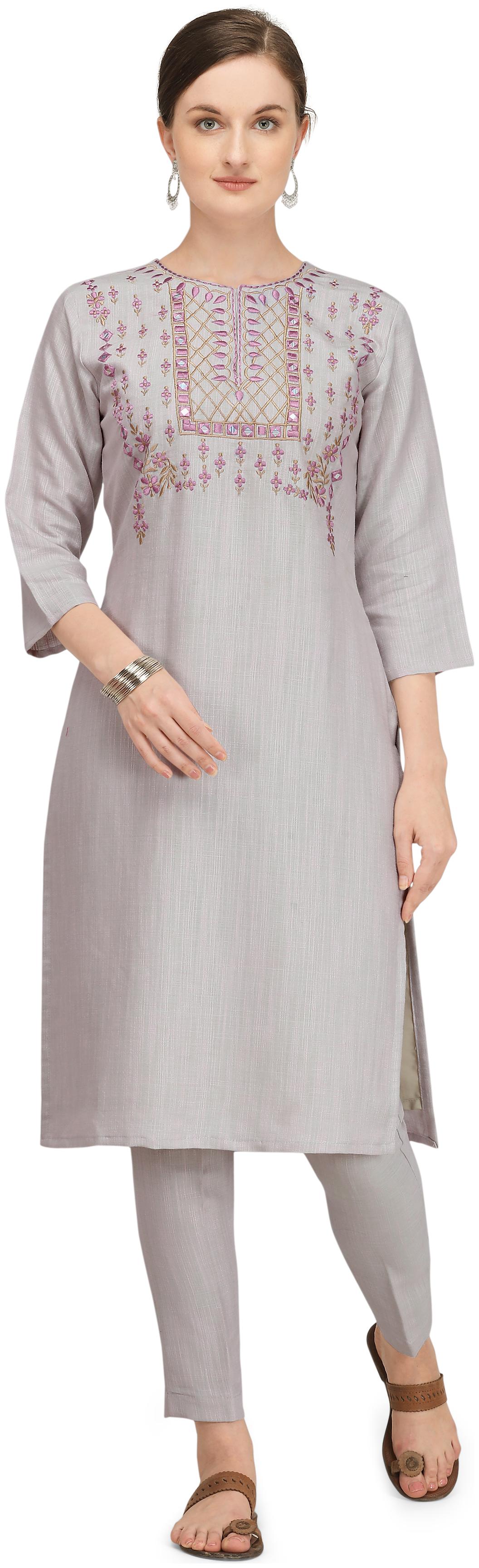 

DHUMKETU Women Grey Embroidered Straight Kurti