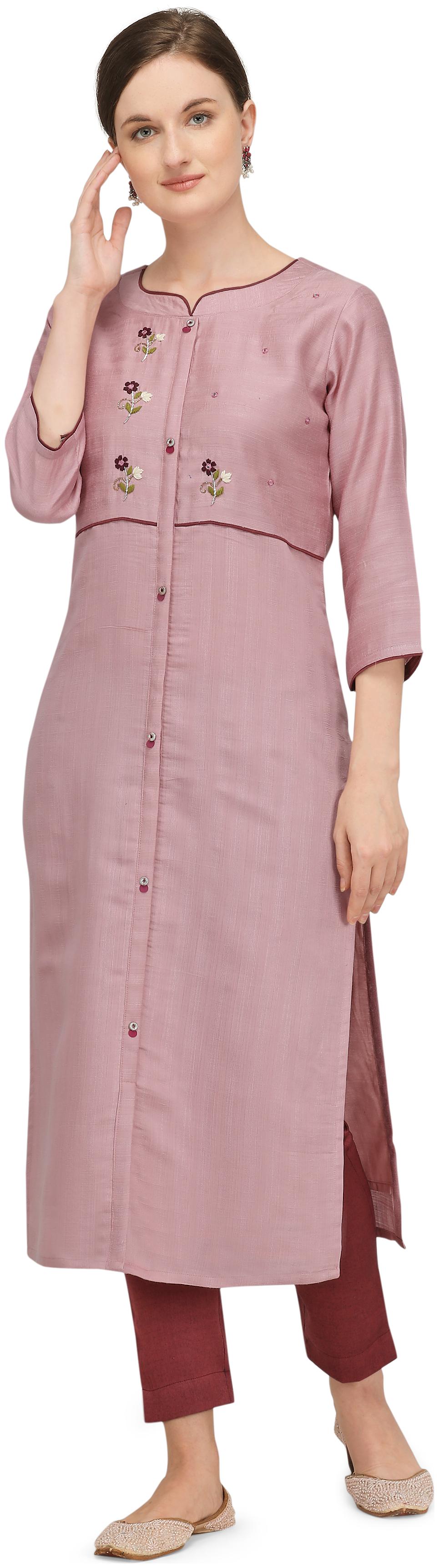 

DHUMKETU Women Pink Embroidered Straight Kurti