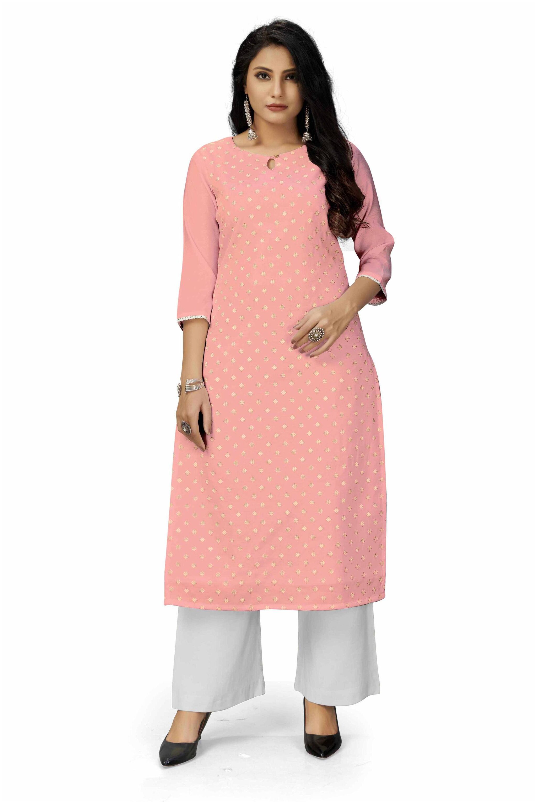 

DHUMKETU Women Peach Printed Straight Kurti