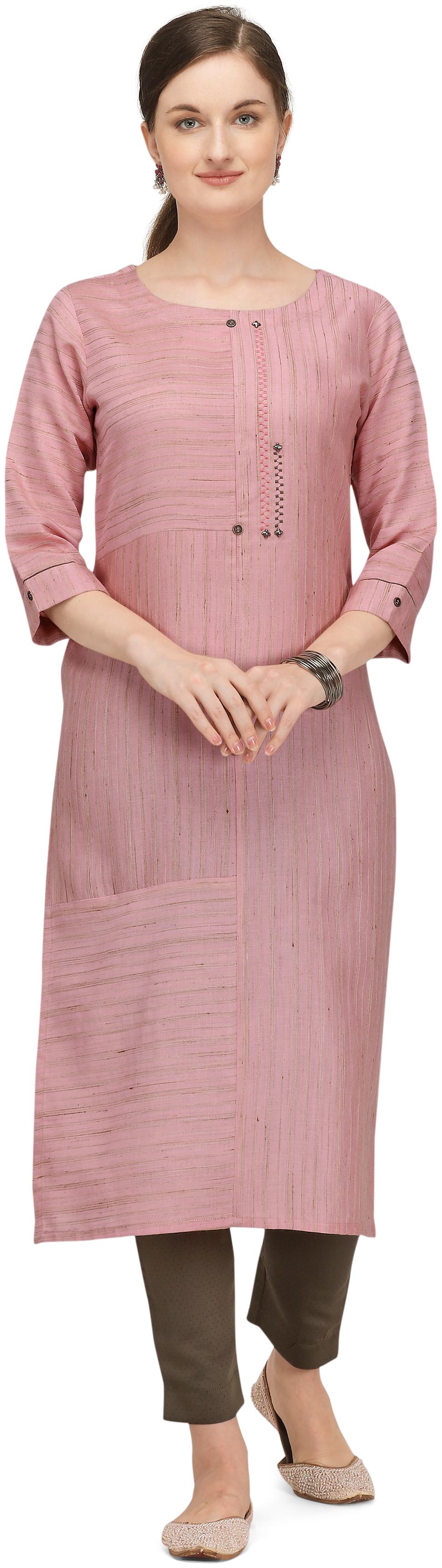 

DHUMKETU Women Pink Striped Straight Kurti With Pants