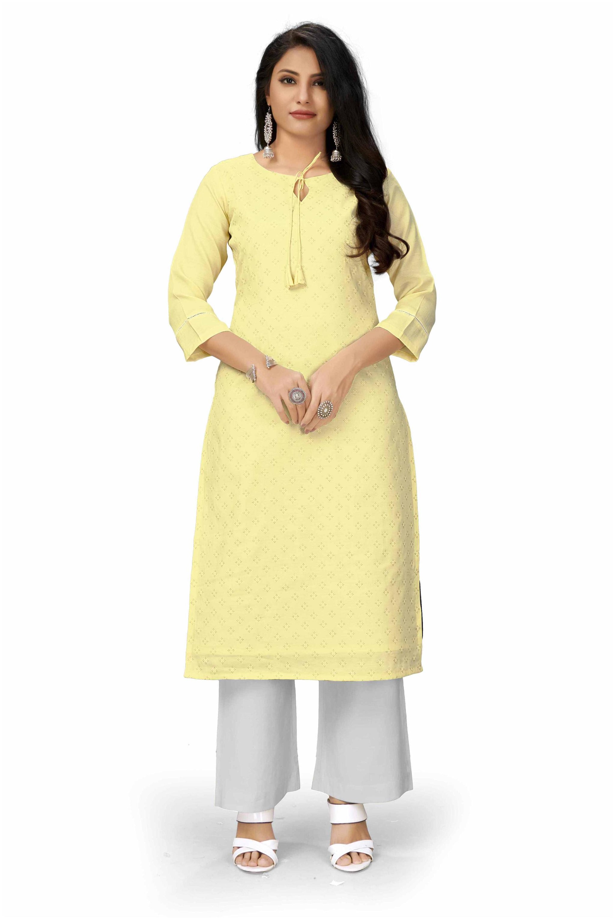 

DHUMKETU Women Yellow Printed Straight Kurti