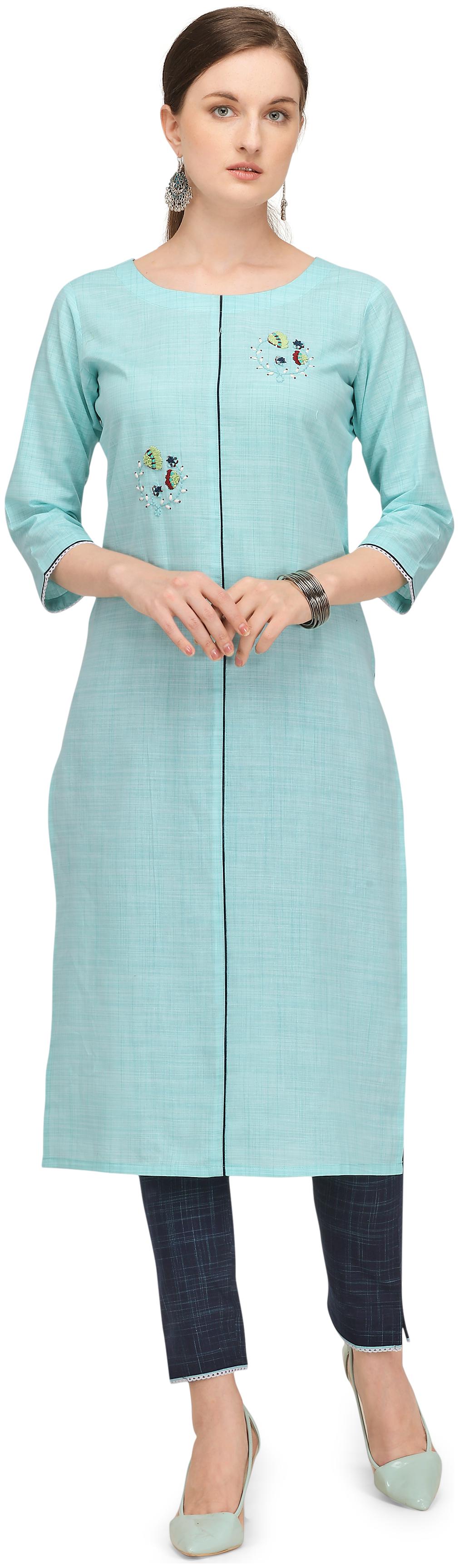 

DHUMKETU Women Cotton Embroidered Turquoise Kurti With Pants