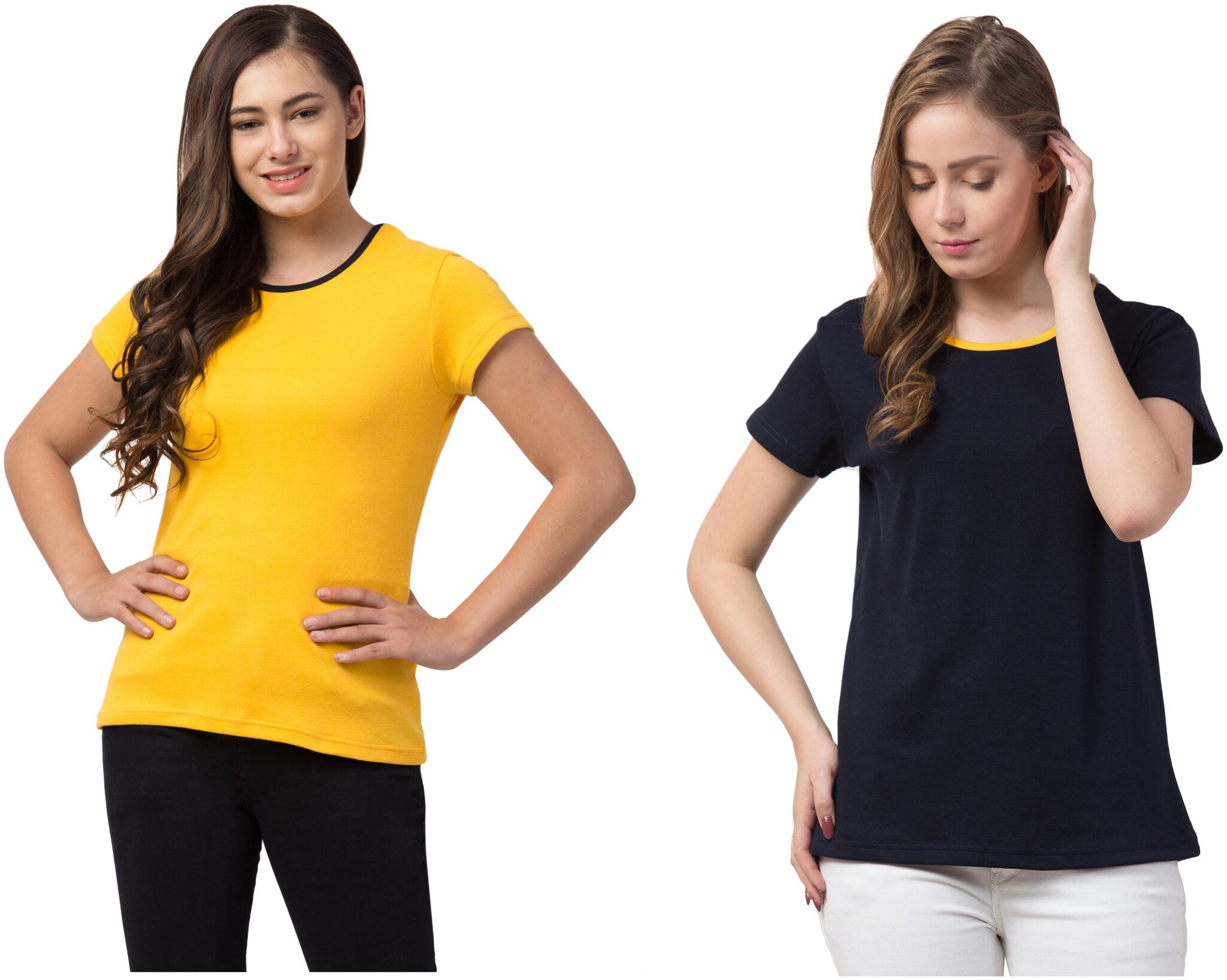 

Dibiya Women Yellow Black Regular fit Round neck Cotton T shirt