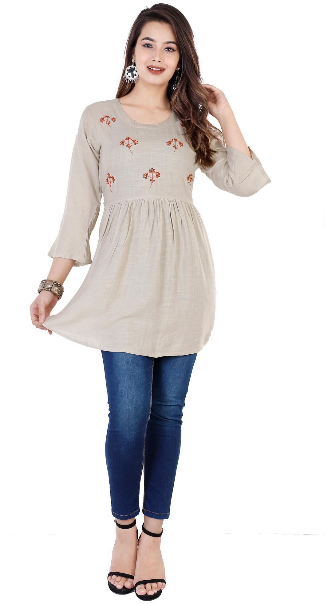 

Dipsha Women Beige Embroidered Fit and Flare Kurti