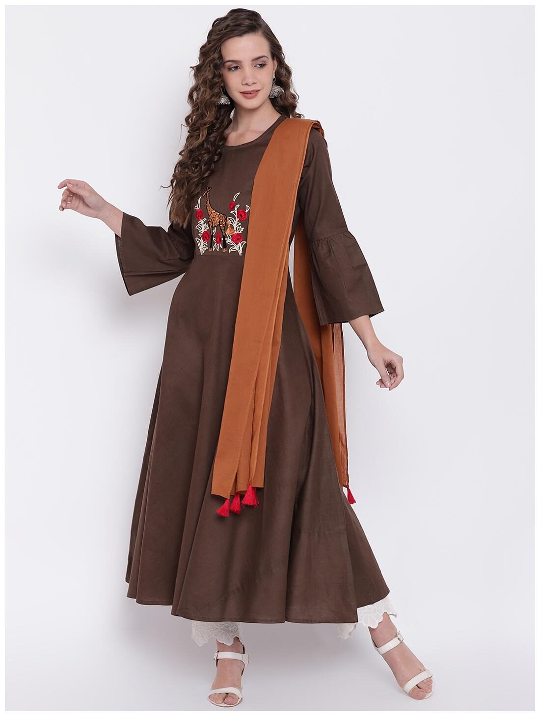 

Divena Women Brown Embroidered Fit and Flare Kurta