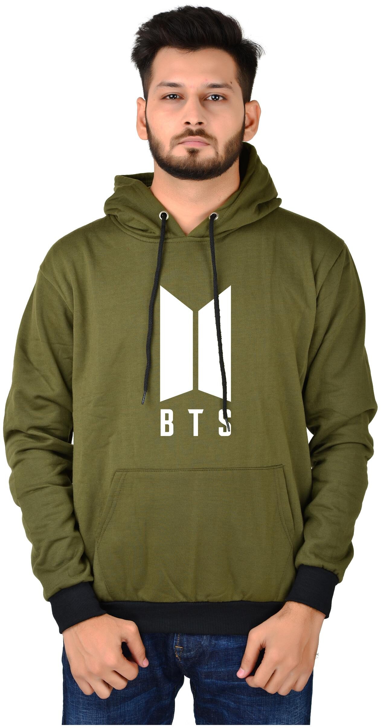 

Divra Clothing Men Regular Fit BTS Printed Cotton Hoodie(Olive)