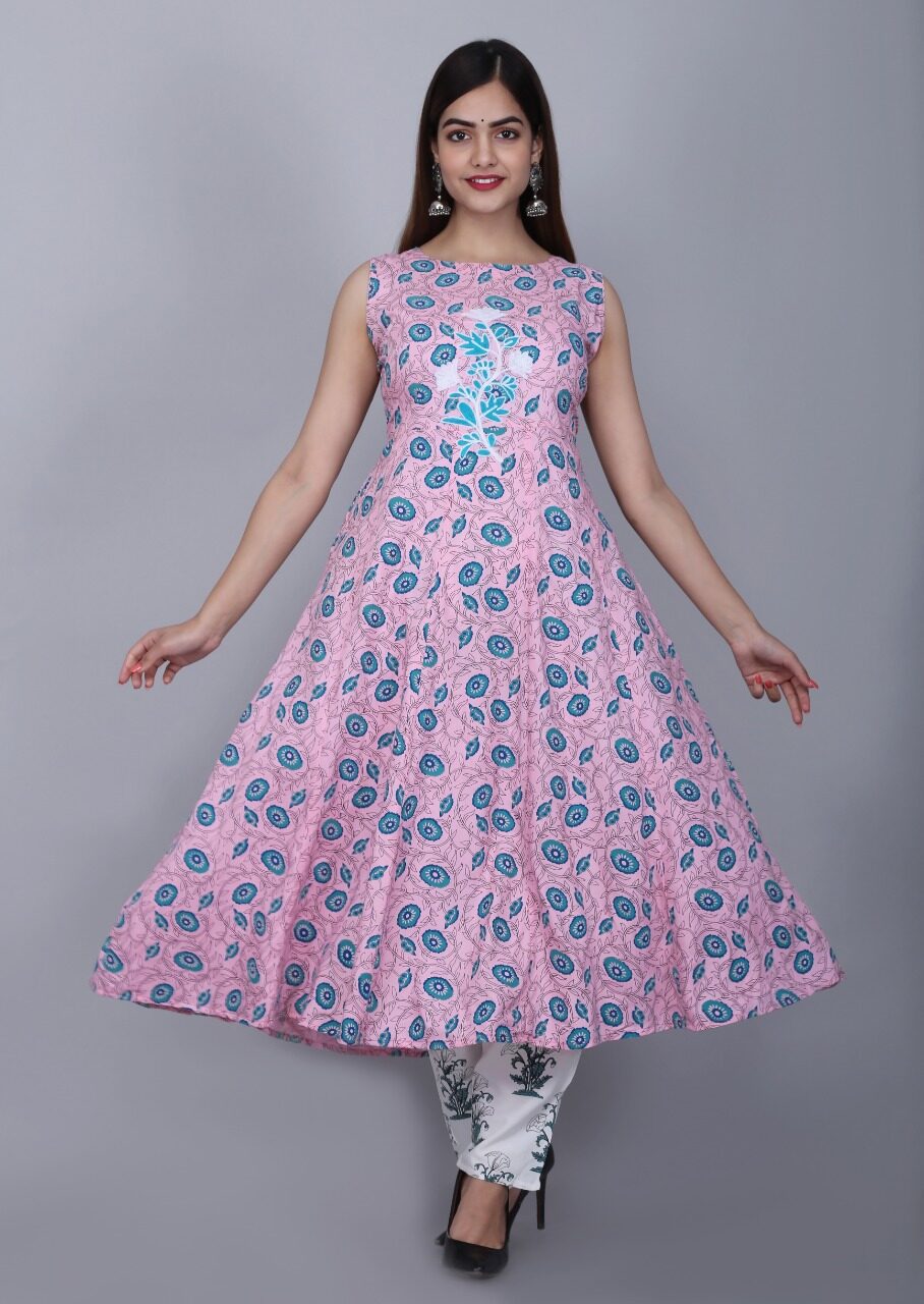 

DIVYANSHI FASHIONS Women Pink Floral Anarkali Kurti With Pants