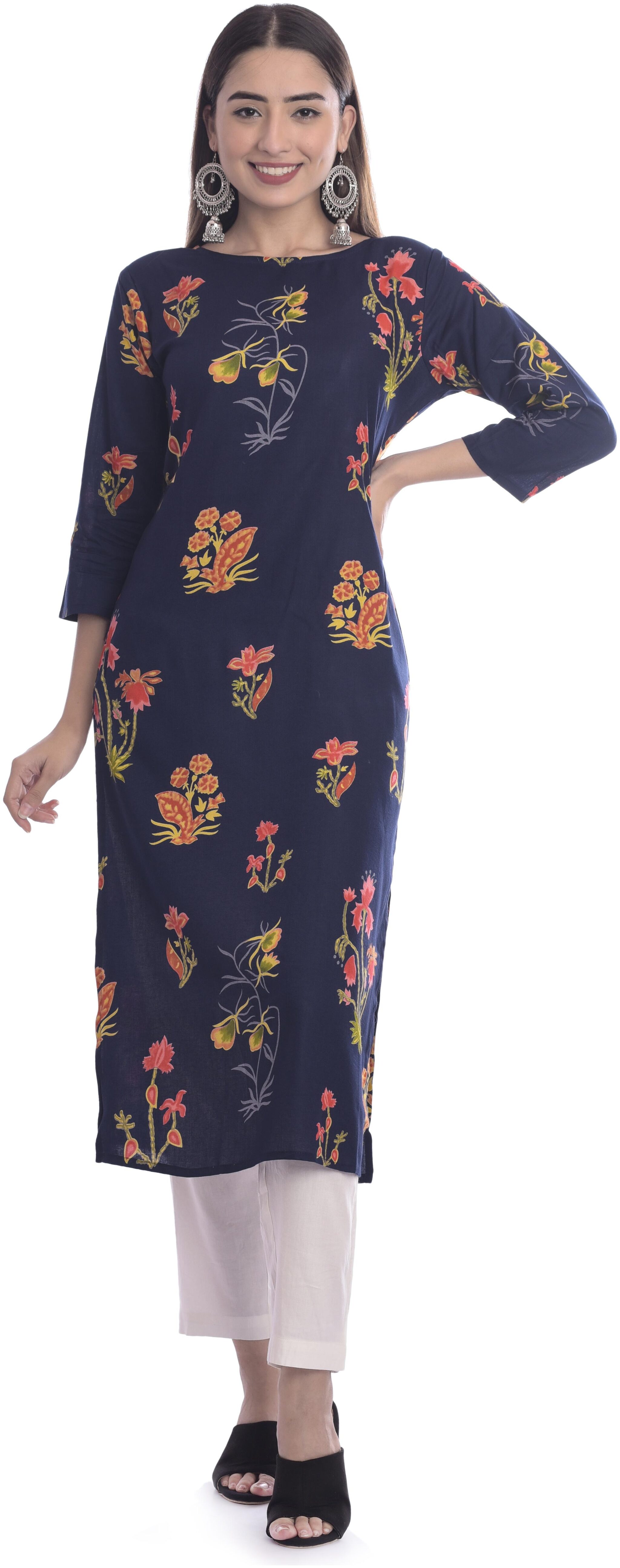 

DIVYANSHI FASHIONS Women Navy Blue Floral Straight Kurti