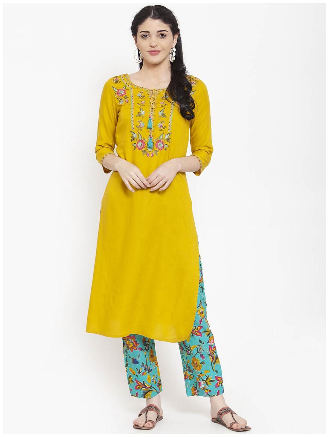 

DIVYANSHI FASHIONS Viscose Rayon Embroidered Yellow Kurti Pants For Women
