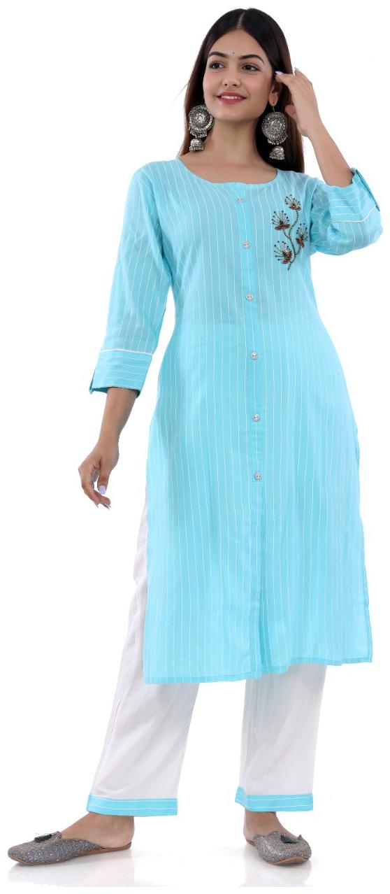 

DIVYANSHI FASHIONS Women Blue Striped Straight Kurti With Pants