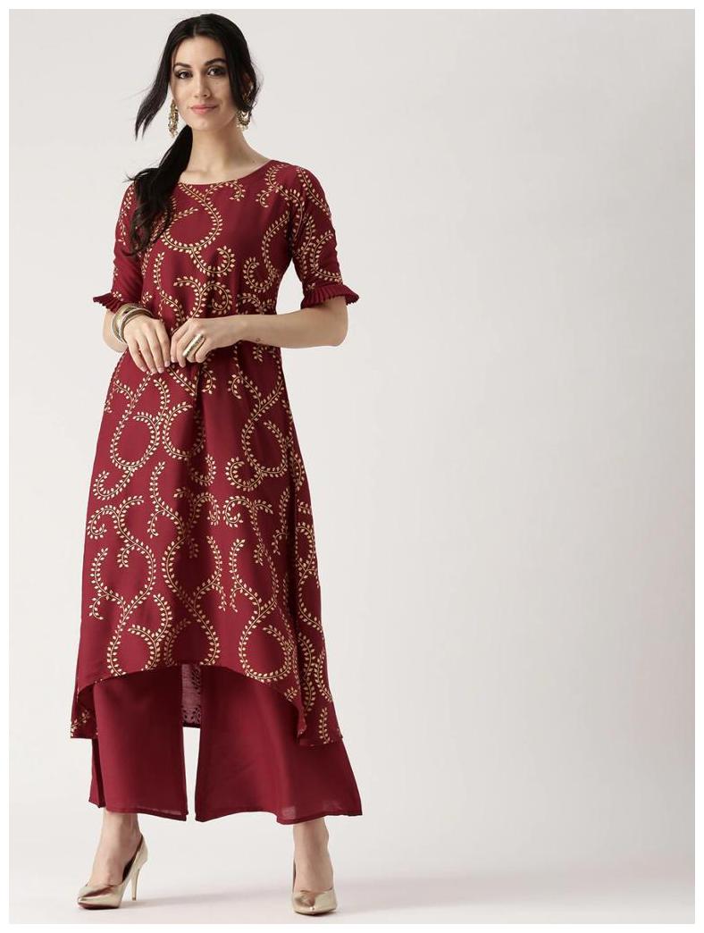 

DIVYANSHI FASHIONS Viscose Rayon Printed Maroon Kurti Palazzo For Women