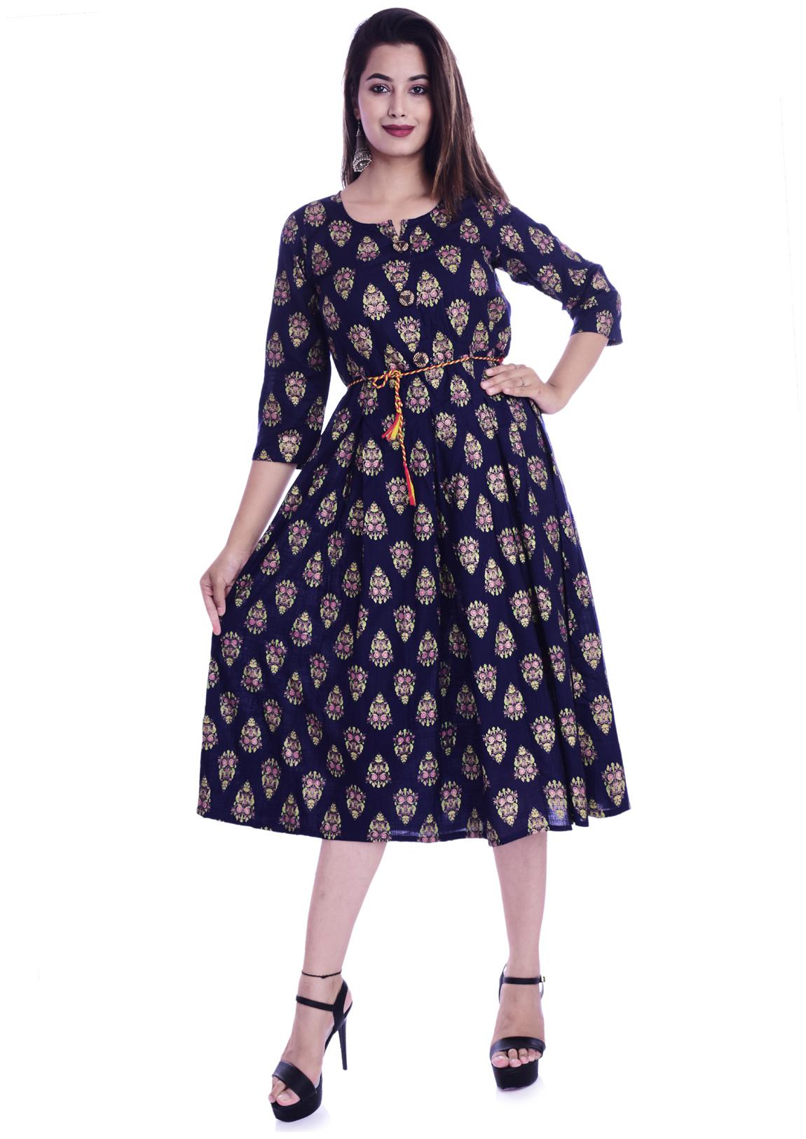 

DIVYANSHI FASHIONS Women Rayon Printed Kurta Dress Navy Blue